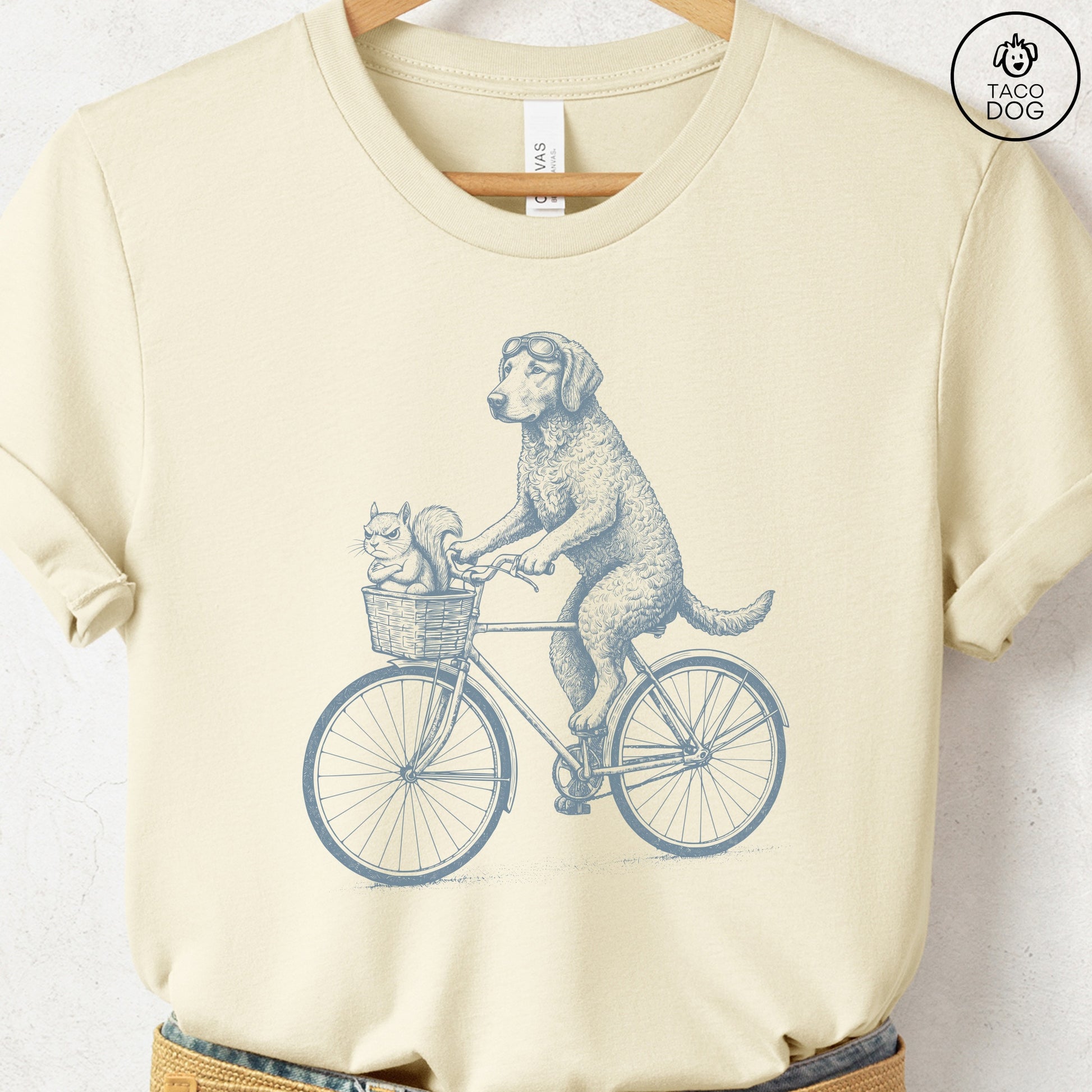 Curly Coated Retriever Squirrel Bike T-Shirt Natural Taco-Dog
