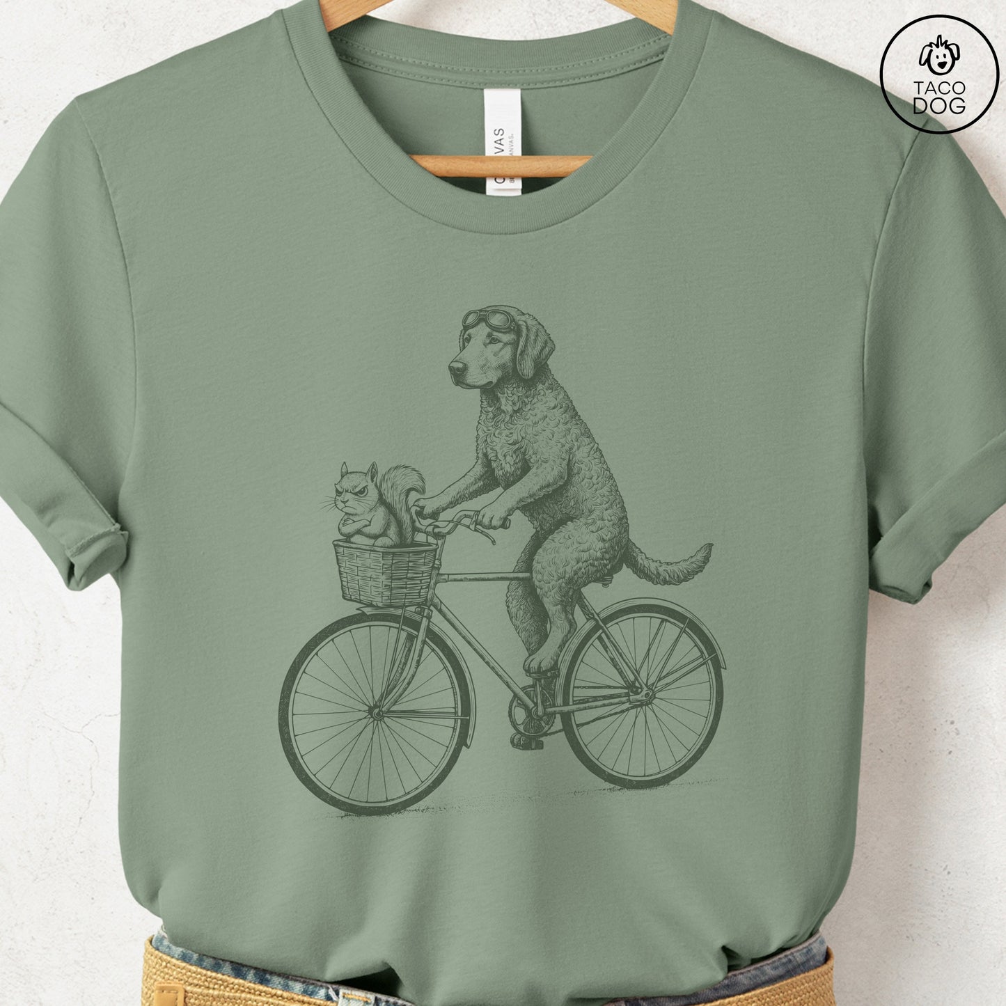 Curly Coated Retriever Squirrel Bike T-Shirt Sage Taco-Dog