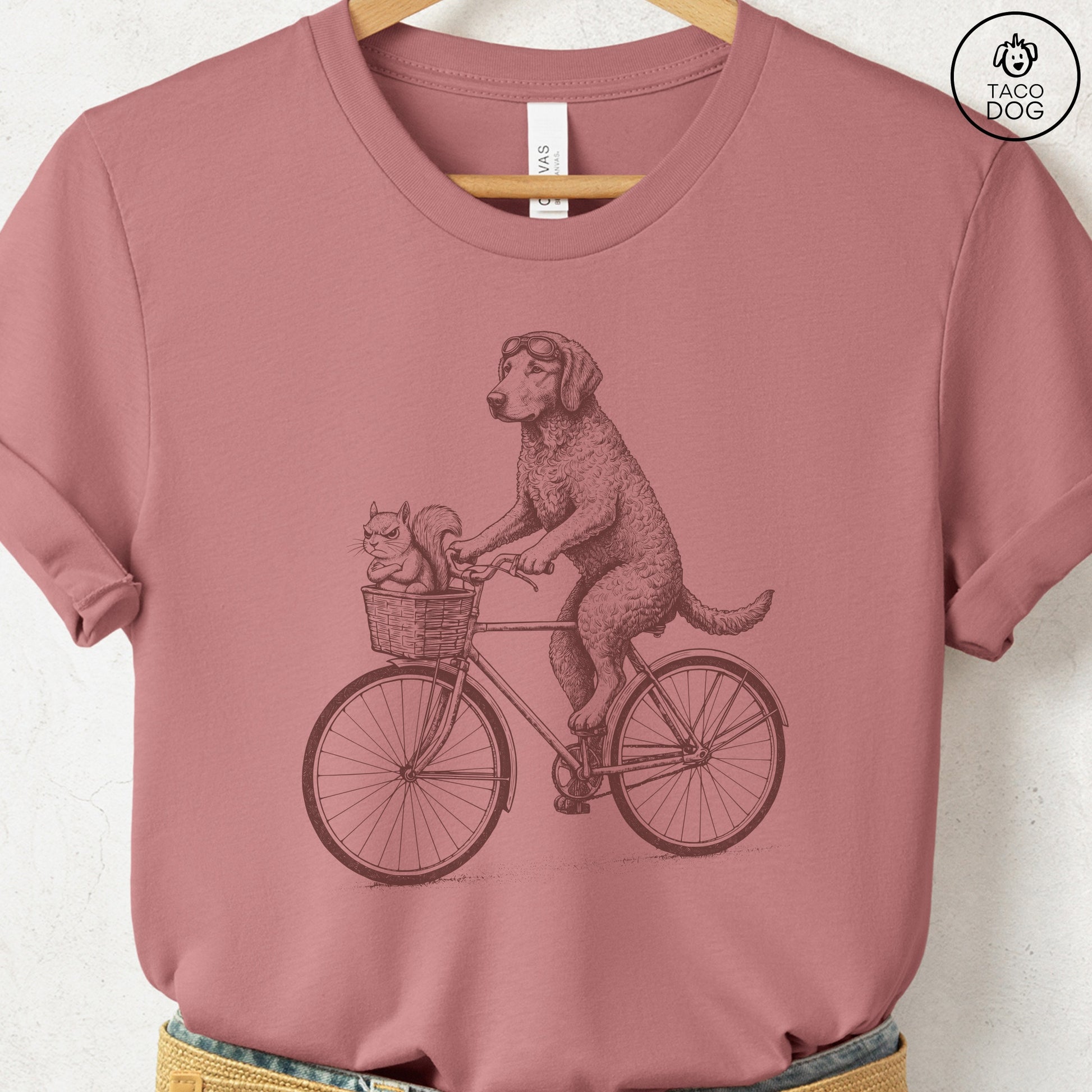 Curly Coated Retriever Squirrel Bike T-Shirt Heather Mauve Taco-Dog