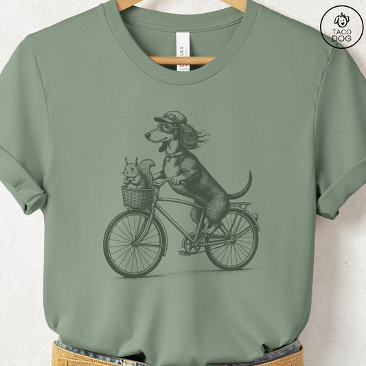 Dachshund Weenie Squirrel Bike T-Shirt Sage Taco-Dog