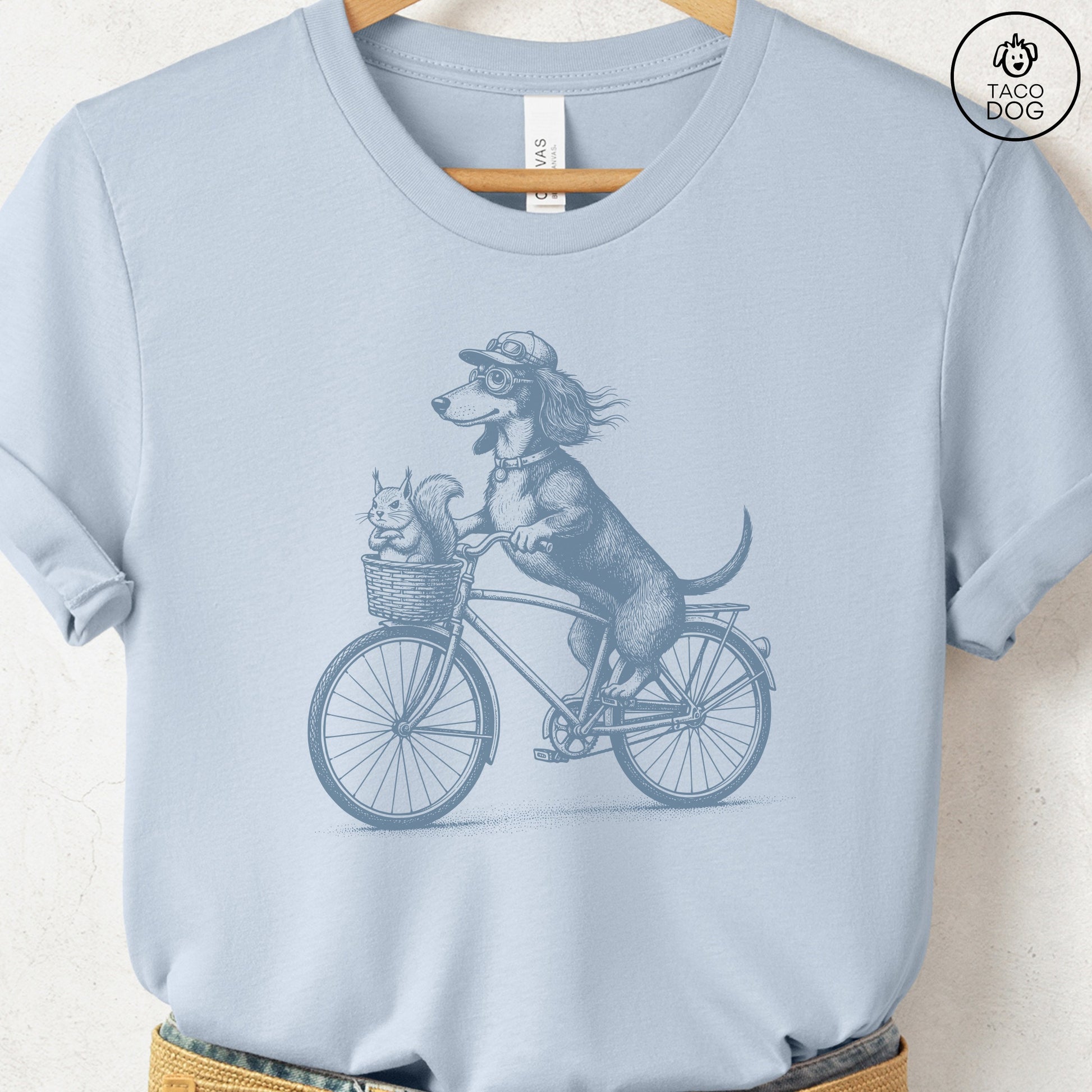 Dachshund Weenie Squirrel Bike T-Shirt Light Blue Taco-Dog
