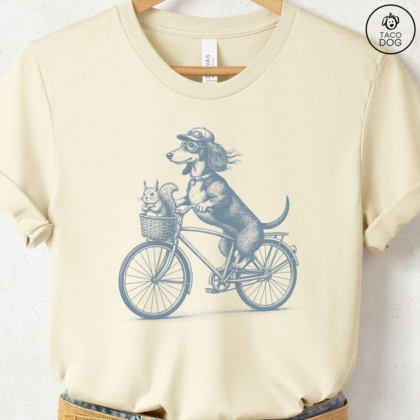 Dachshund Weenie Squirrel Bike T-Shirt Natural Taco-Dog