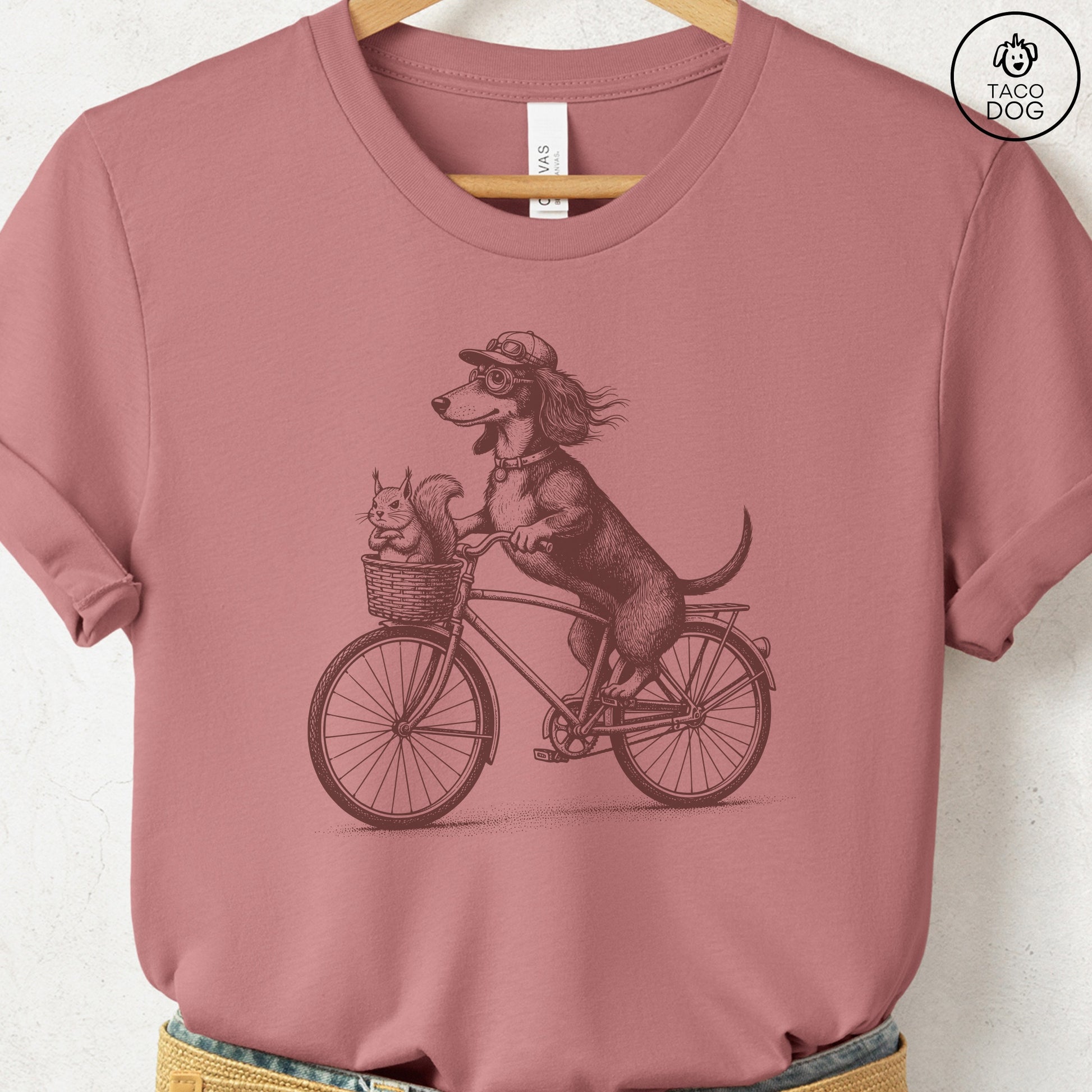 Dachshund Weenie Squirrel Bike T-Shirt Heather Mauve Taco-Dog