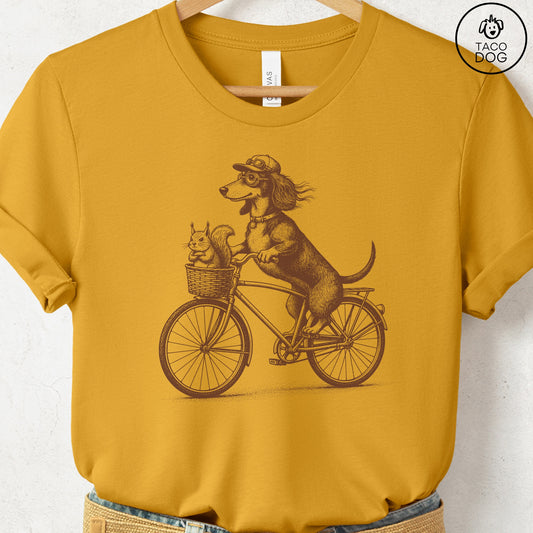 Dachshund Weenie Squirrel Bike T-Shirt Mustard