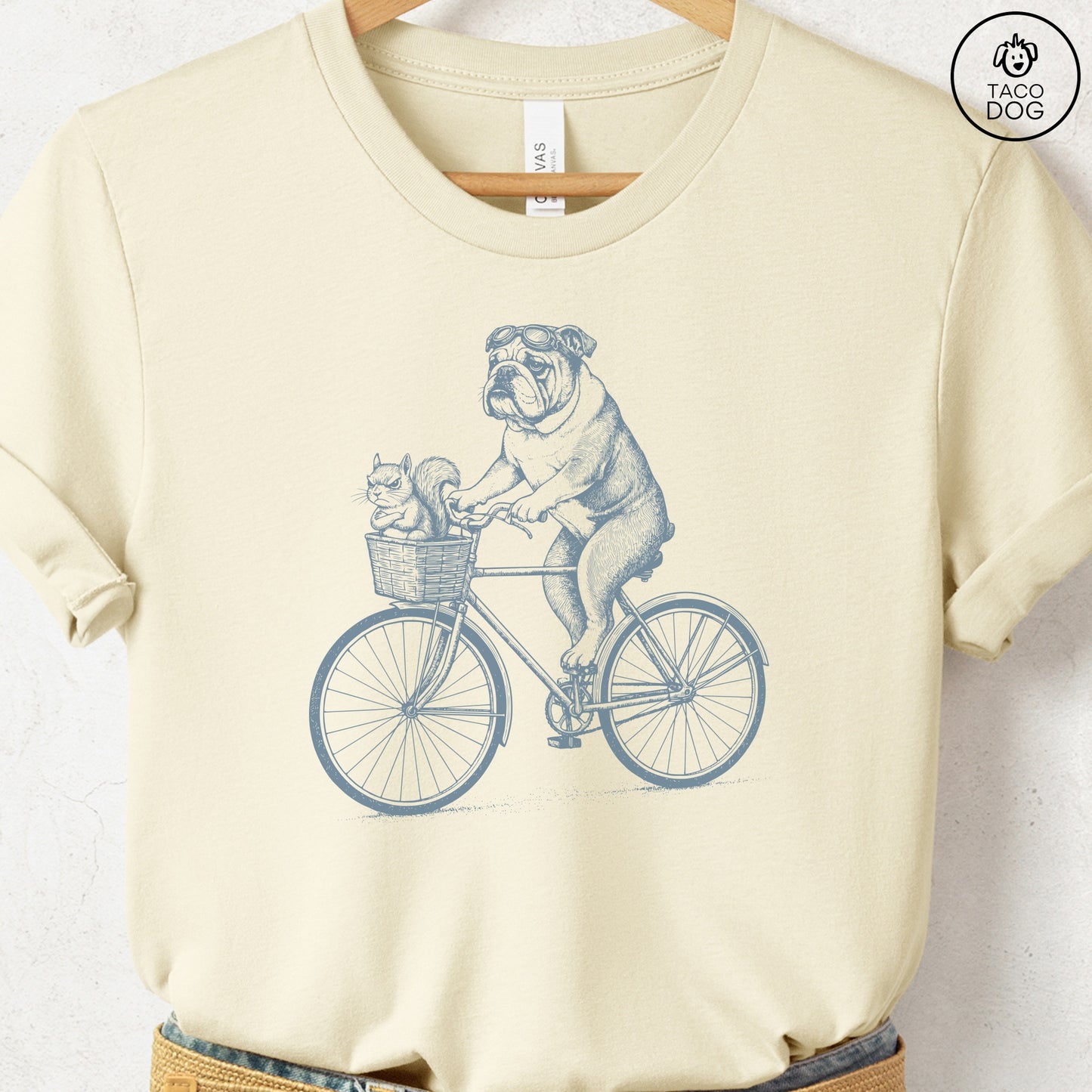 English Bulldog Squirrel Bike T-Shirt Natural Taco-Dog