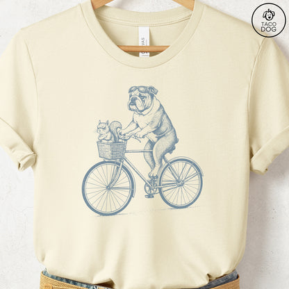 English Bulldog Squirrel Bike T-Shirt Natural Taco-Dog