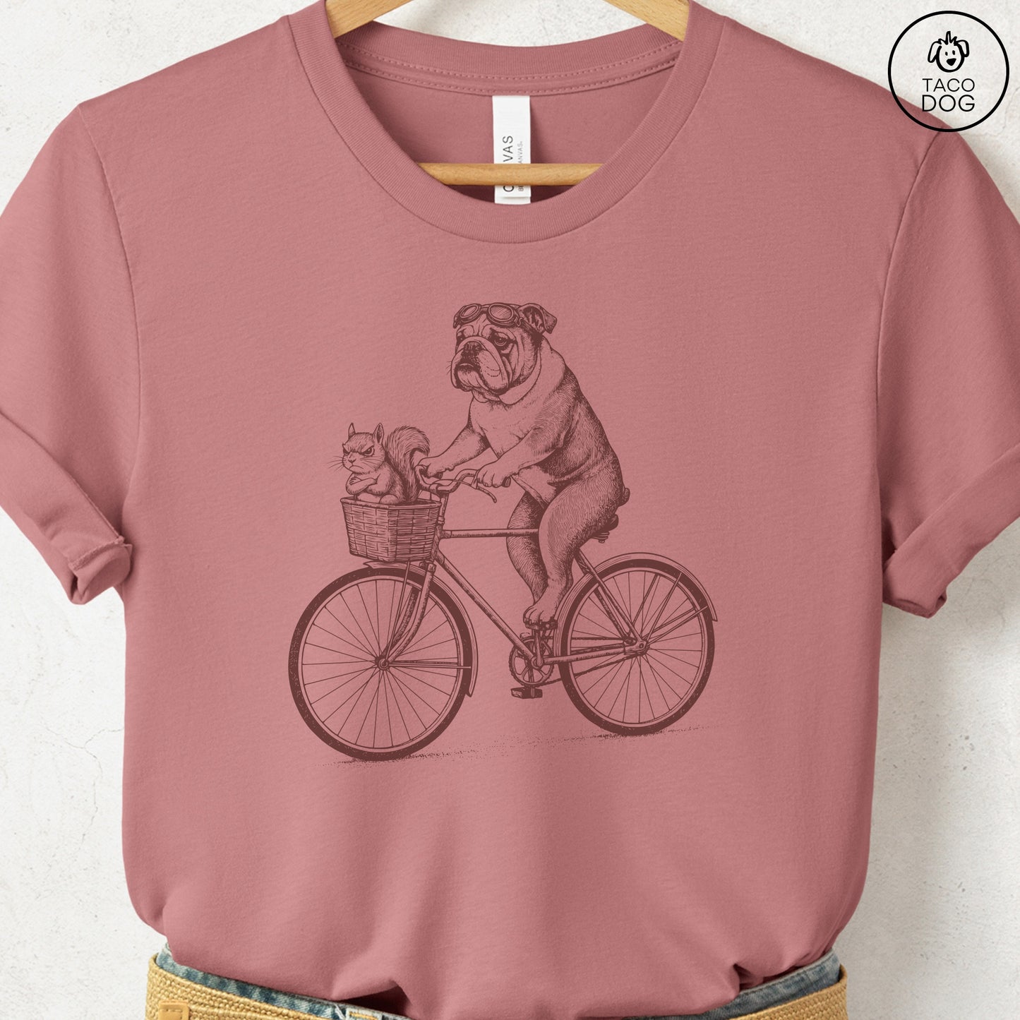 English Bulldog Squirrel Bike T-Shirt Heather Mauve Taco-Dog