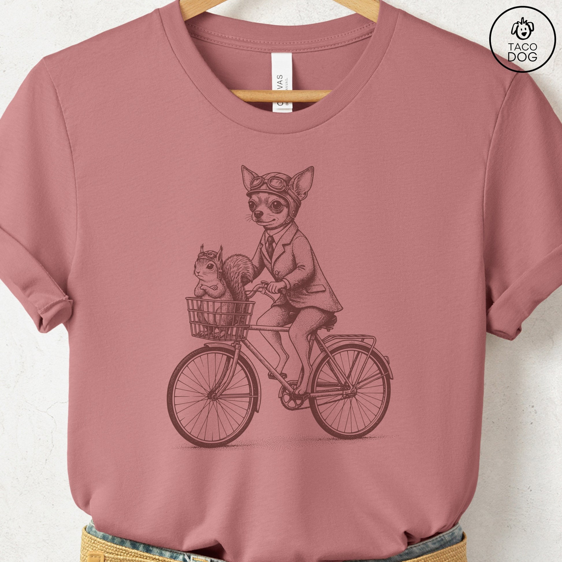 Chihuahua Squirrel Bike T-Shirt Heather Mauve Taco-Dog