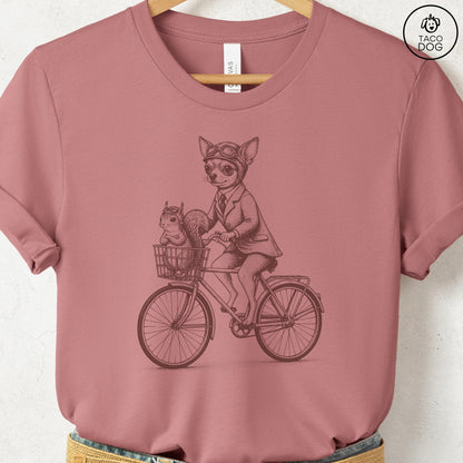 Chihuahua Squirrel Bike T-Shirt Heather Mauve Taco-Dog