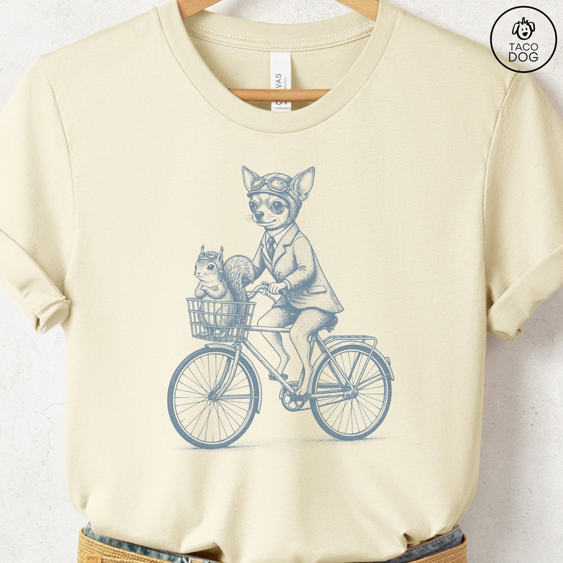 Chihuahua Squirrel Bike T-Shirt Natural Taco-Dog