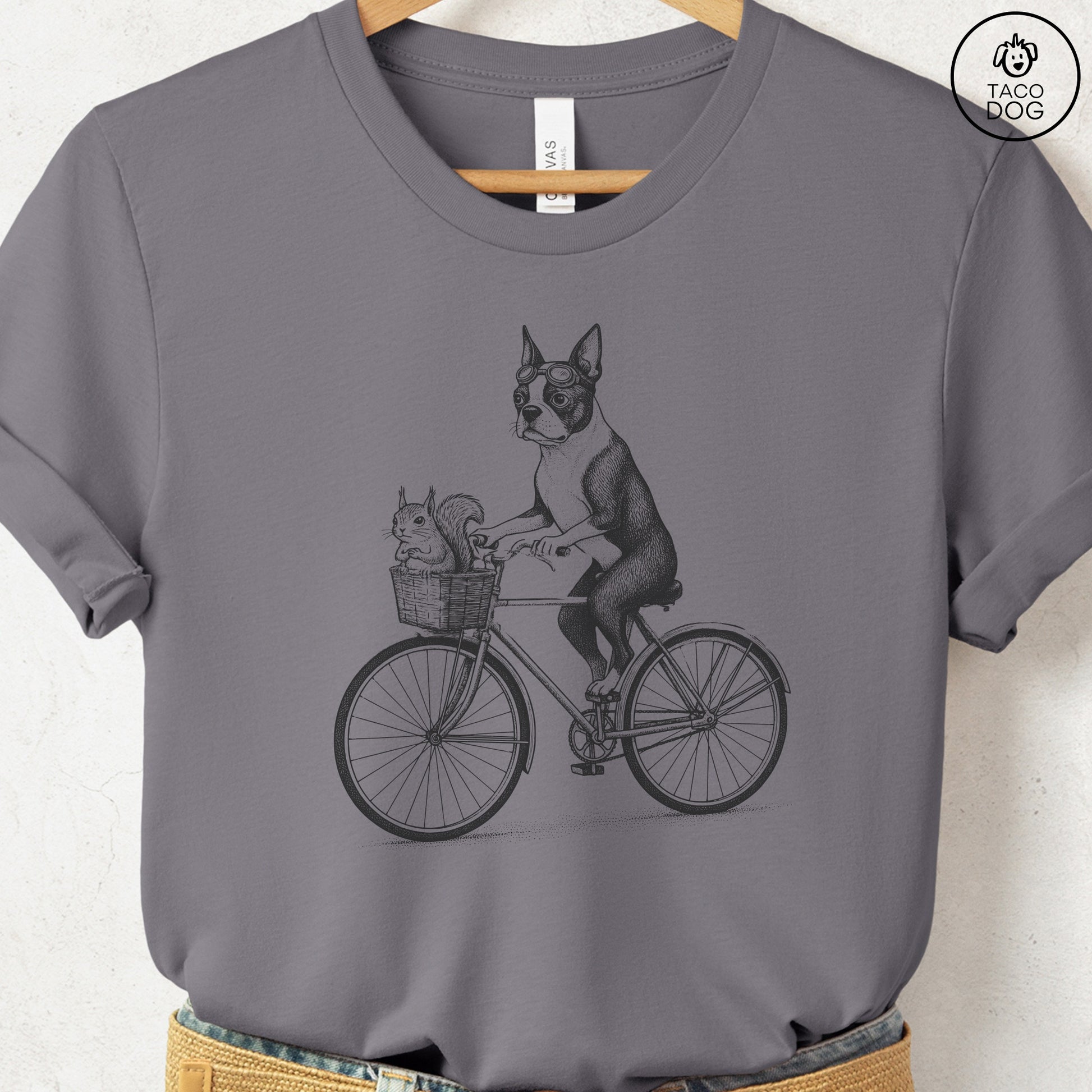 Boston Terrier Squirrel Bike T-Shirt Storm Taco-Dog