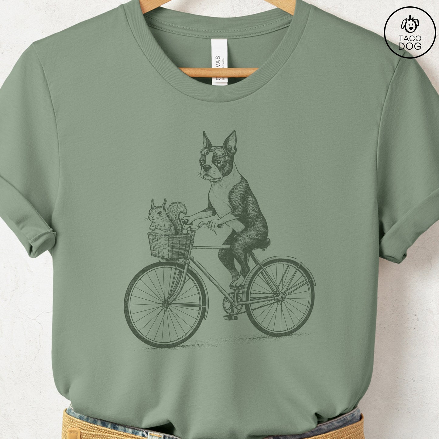 Boston Terrier Squirrel Bike T-Shirt Sage Taco-Dog