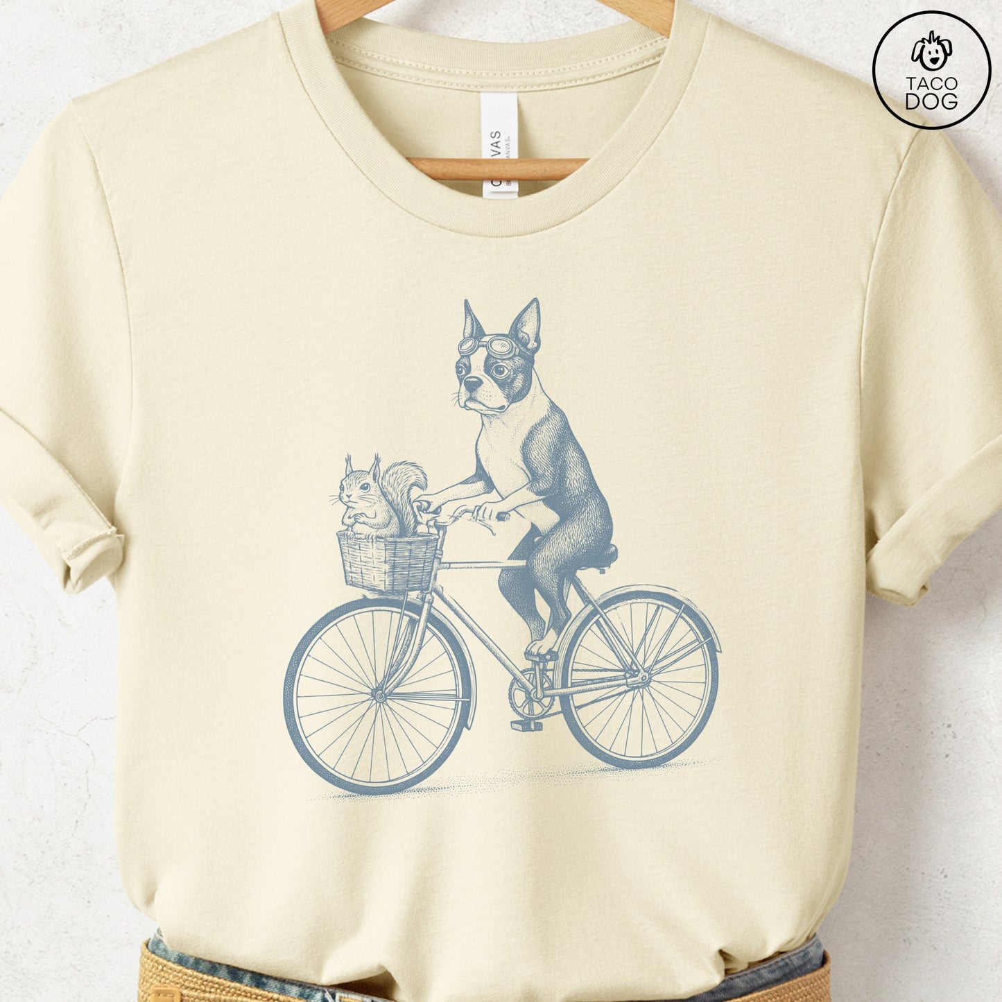 Boston Terrier Squirrel Bike T-Shirt Natural Taco-Dog