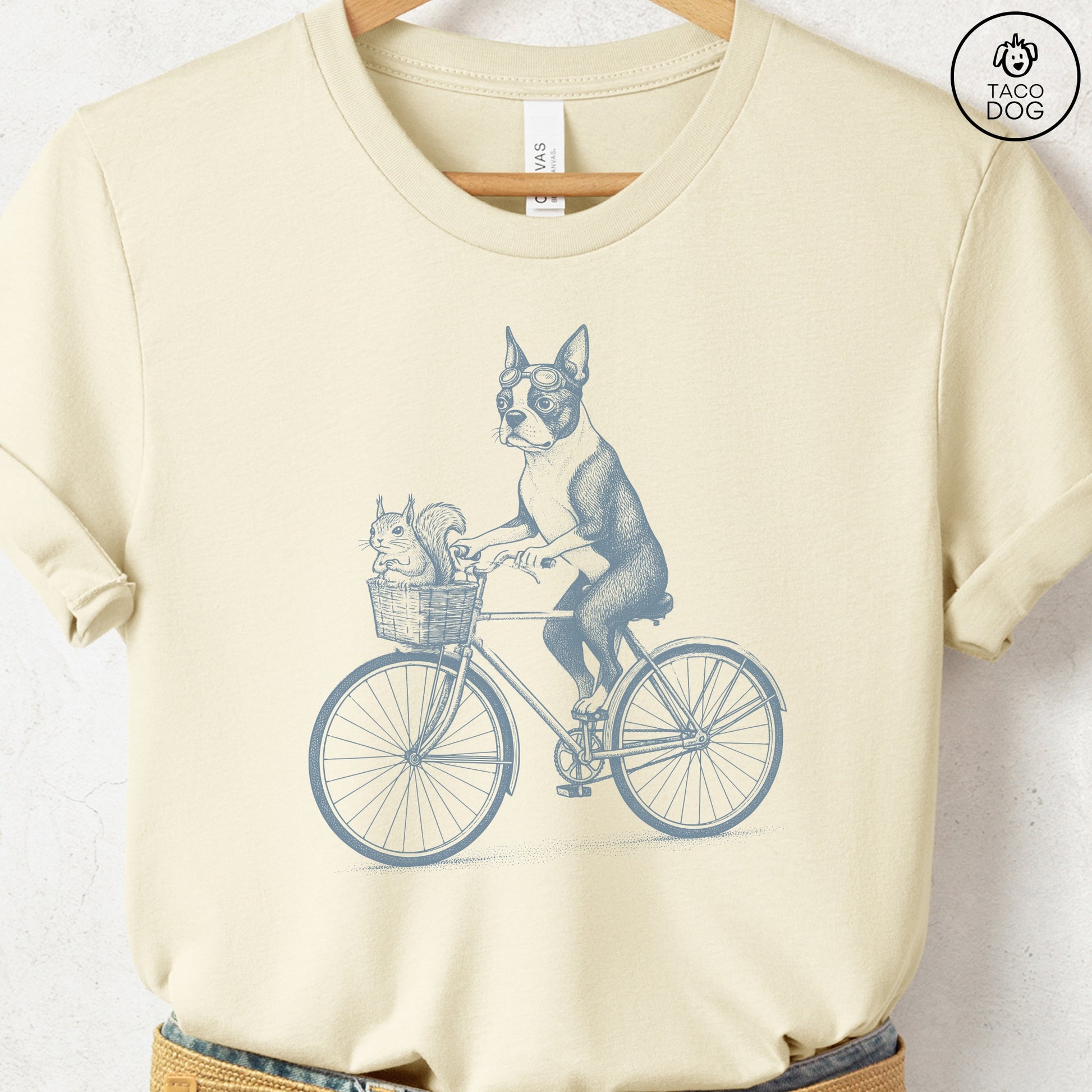 Boston Terrier Squirrel Bike T-Shirt Natural Taco-Dog