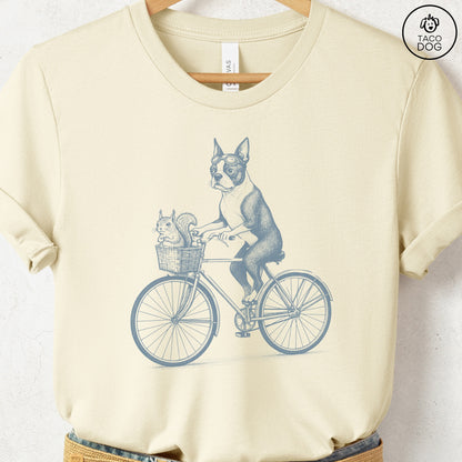 Boston Terrier Squirrel Bike T-Shirt Natural Taco-Dog