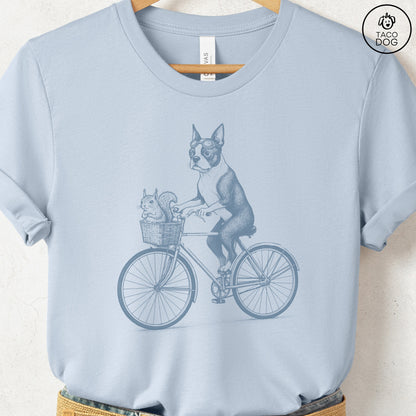 Boston Terrier Squirrel Bike T-Shirt Light Blue Taco-Dog