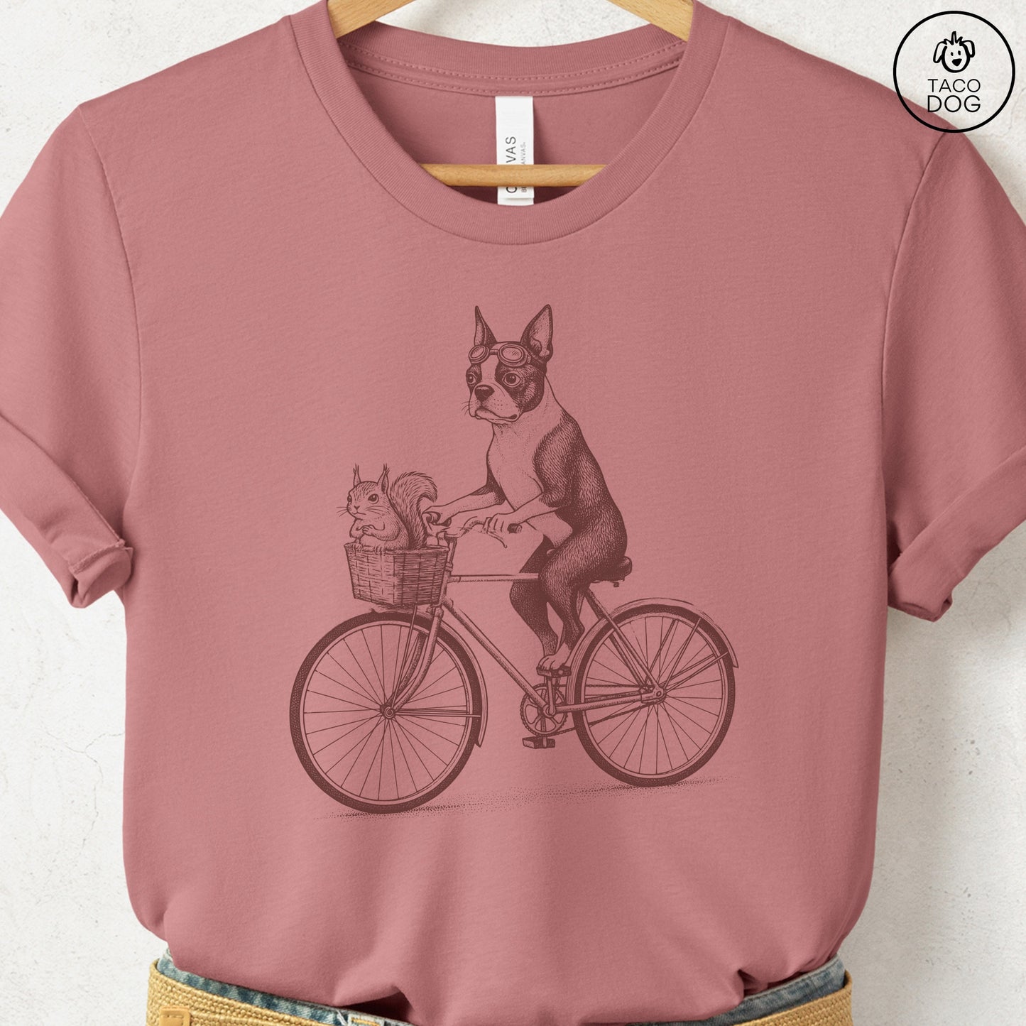 Boston Terrier Squirrel Bike T-Shirt Heather Mauve Taco-Dog