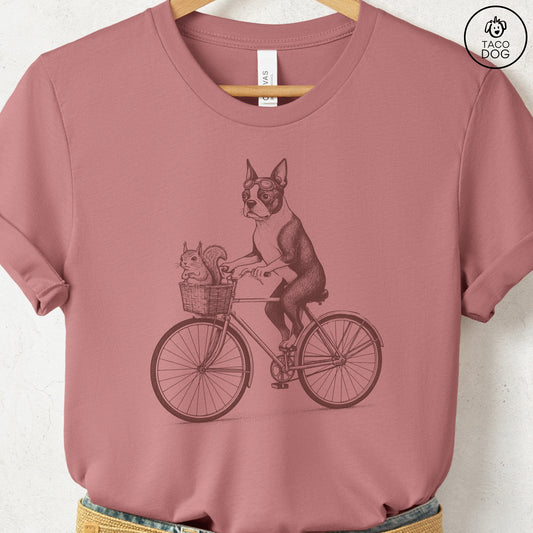Boston Terrier Squirrel Bike T-Shirt Heather Mauve