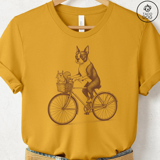 Boston Terrier Squirrel Bike T-Shirt Mustard Taco-Dog