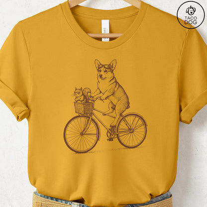 Corgi Squirrel Bike T-Shirt Mustard Taco-Dog