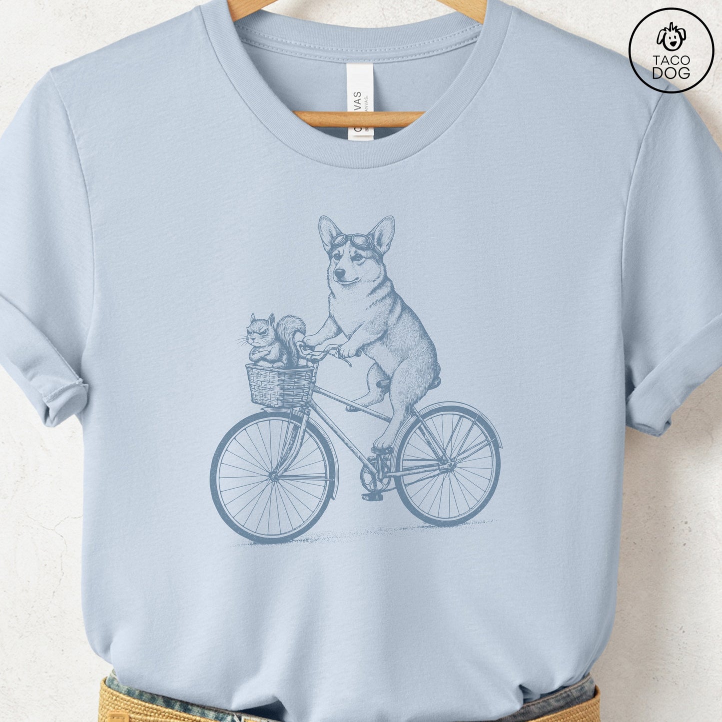 Corgi Squirrel Bike T-Shirt Light Blue Taco-Dog