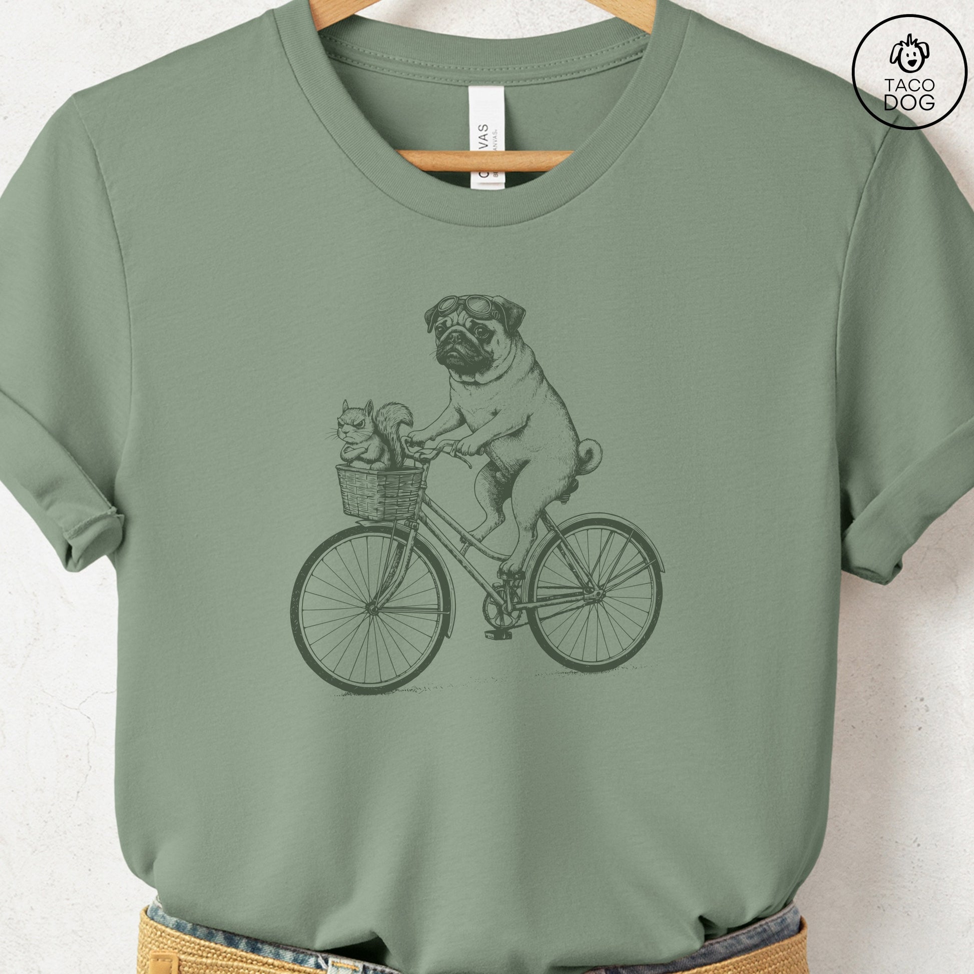 Pug Squirrel Bike T-Shirt Sage