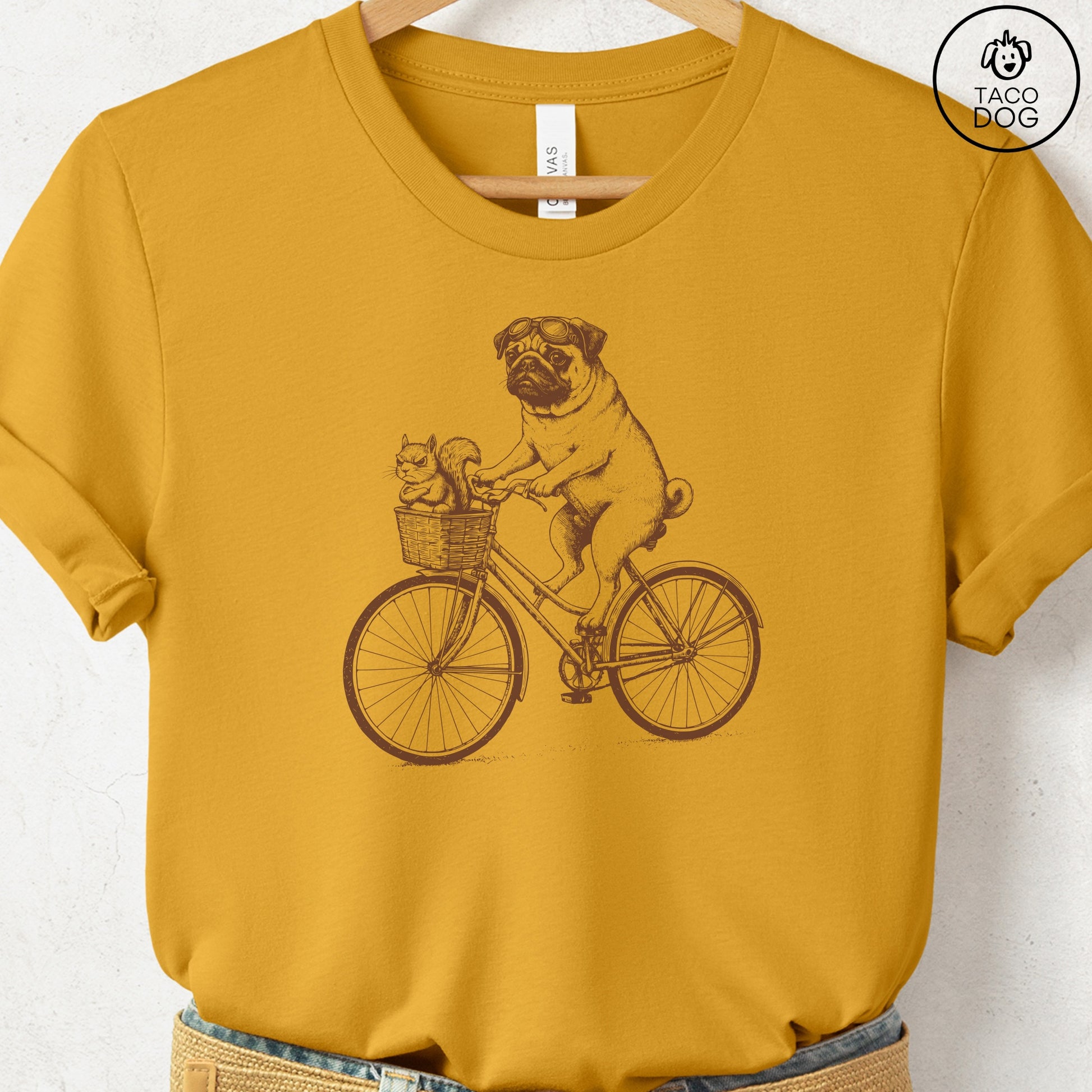 Pug Squirrel Bike T-Shirt Mustard