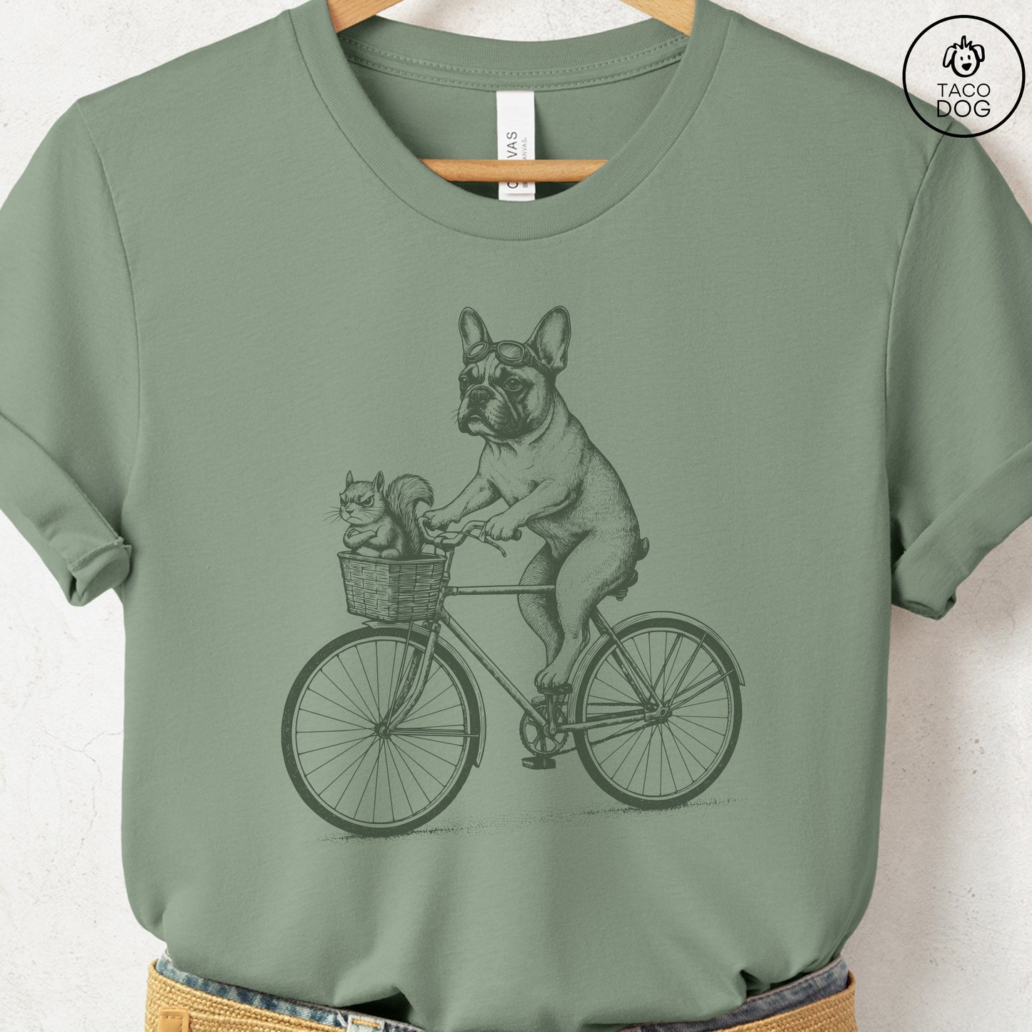 French Bulldog Frenchie Squirrel Bike T-Shirt Sage Taco-Dog