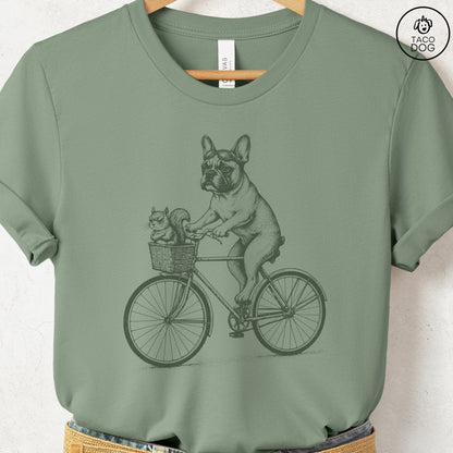 French Bulldog Frenchie Squirrel Bike T-Shirt Sage Taco-Dog