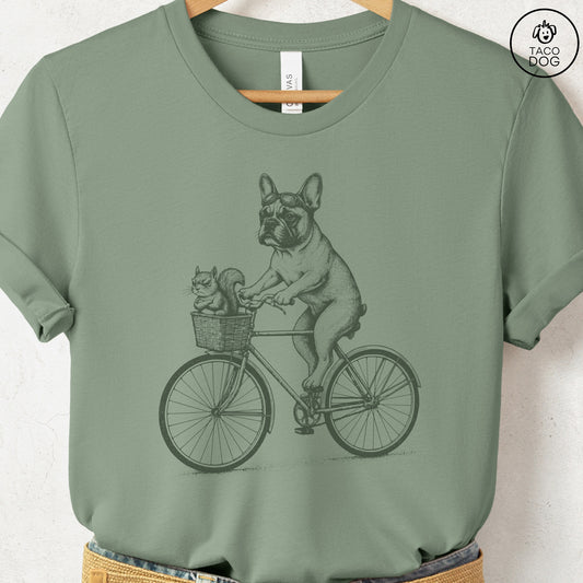 French Bulldog Frenchie Squirrel Bike T-Shirt Sage