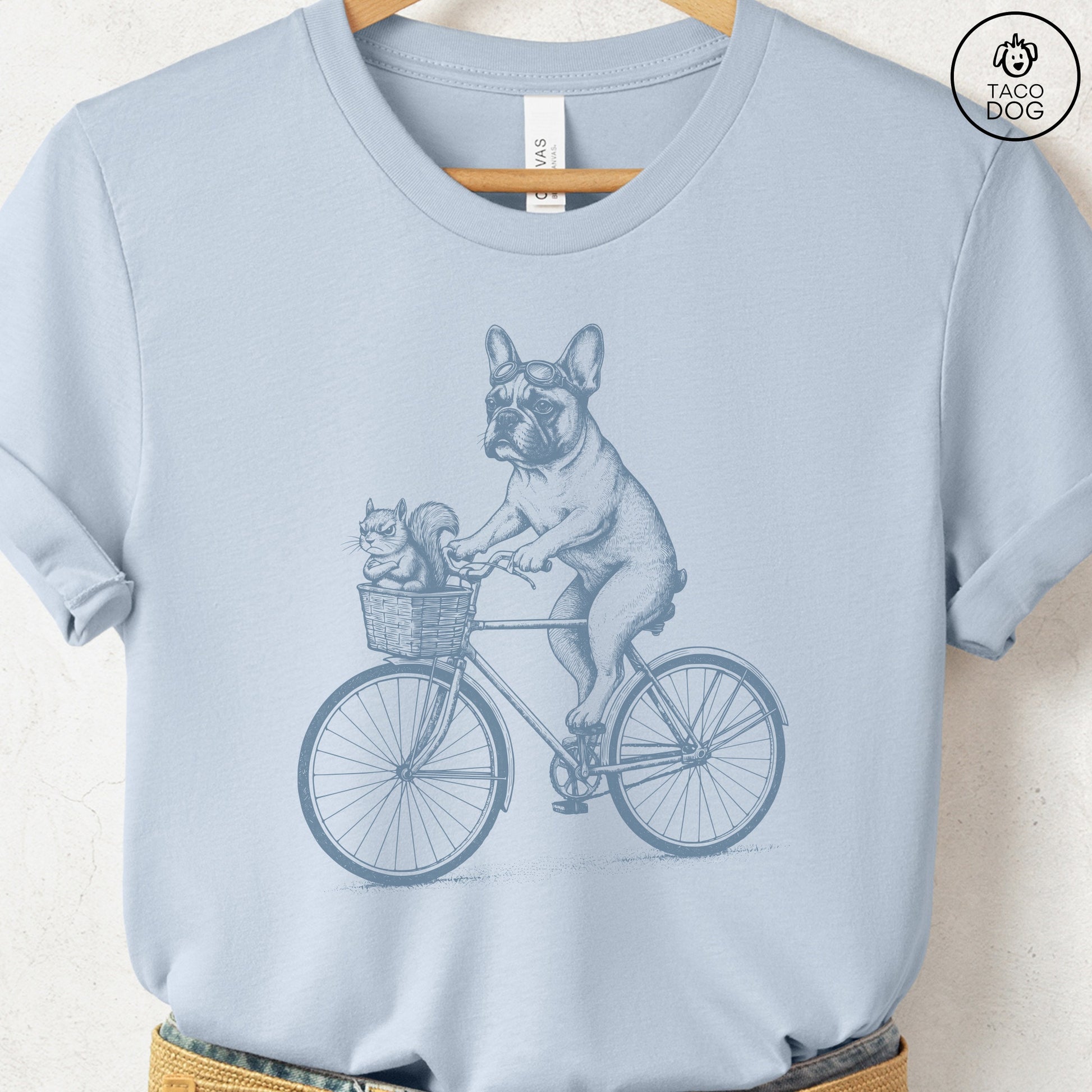 French Bulldog Frenchie Squirrel Bike T-Shirt Light Blue Taco-Dog
