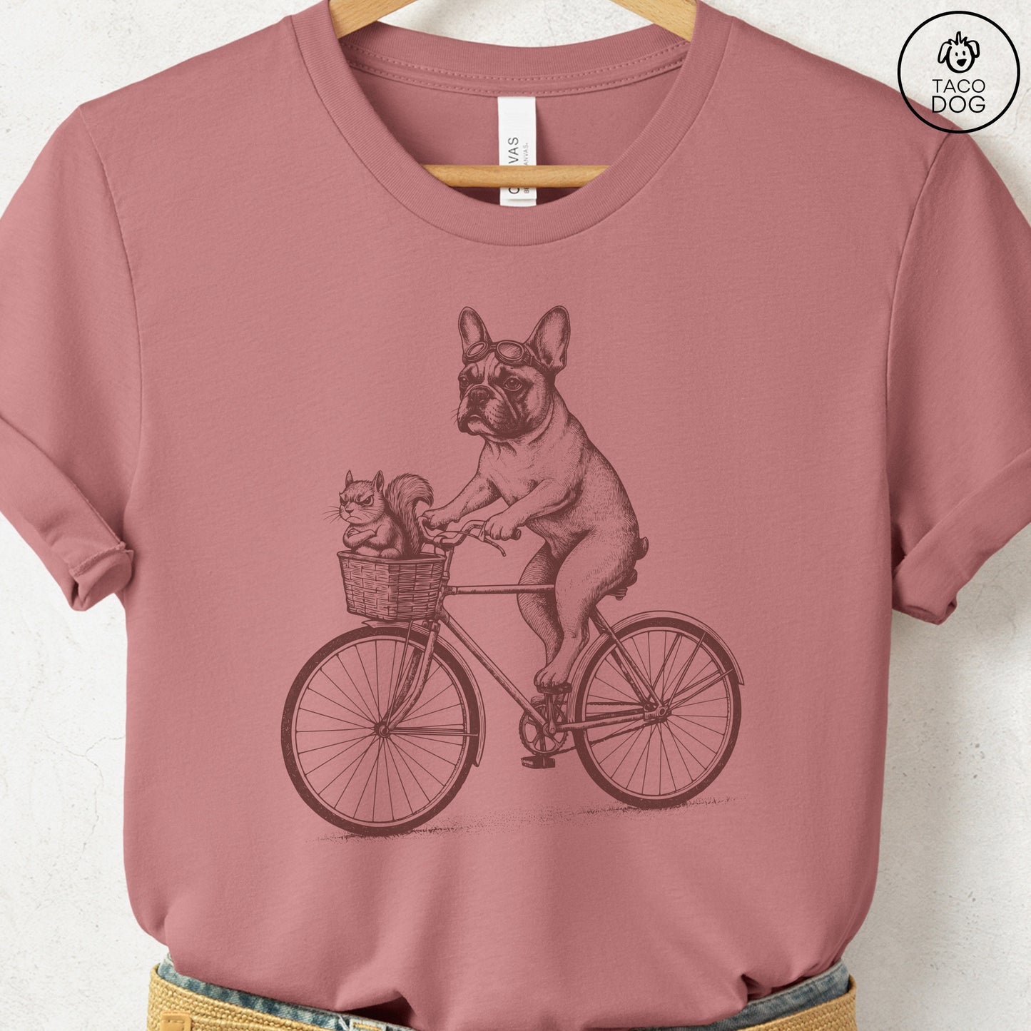 French Bulldog Frenchie Squirrel Bike T-Shirt Heather Mauve Taco-Dog