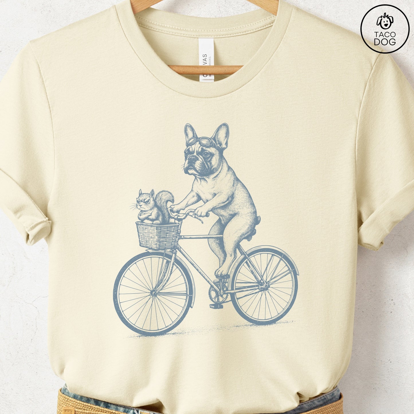 French Bulldog Frenchie Squirrel Bike T-Shirt Natural Taco-Dog