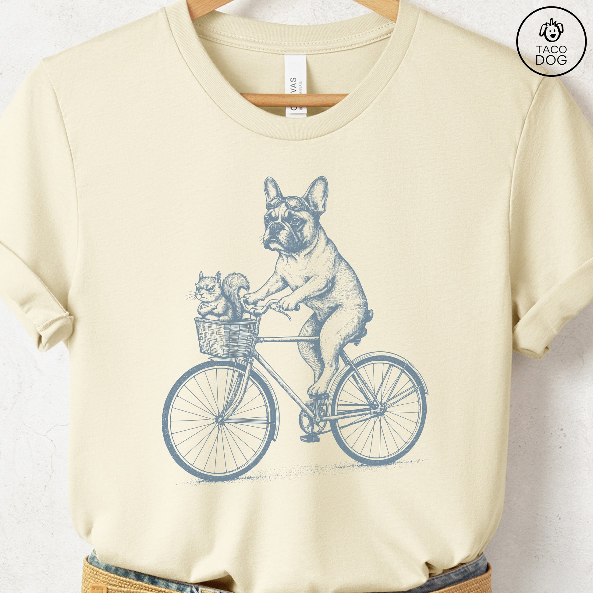 French Bulldog Frenchie Squirrel Bike T-Shirt Natural Taco-Dog
