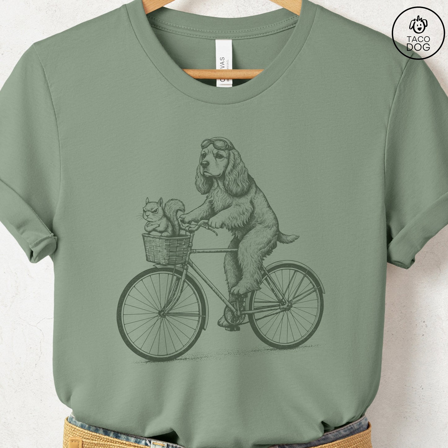 American Cocker Spaniel Squirrel Bike T-Shirt Sage Taco-Dog