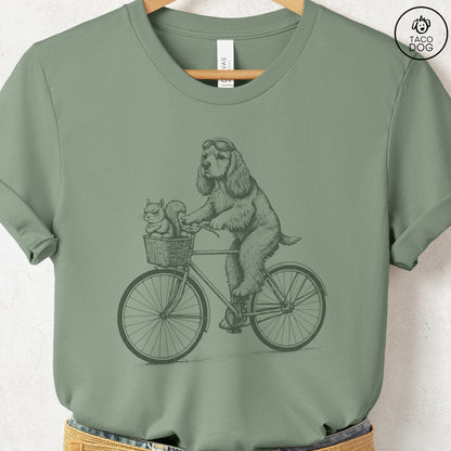 American Cocker Spaniel Squirrel Bike T-Shirt Sage Taco-Dog