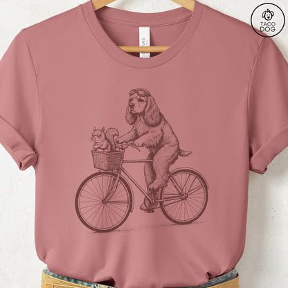 American Cocker Spaniel Squirrel Bike T-Shirt Heather Mauve Taco-Dog