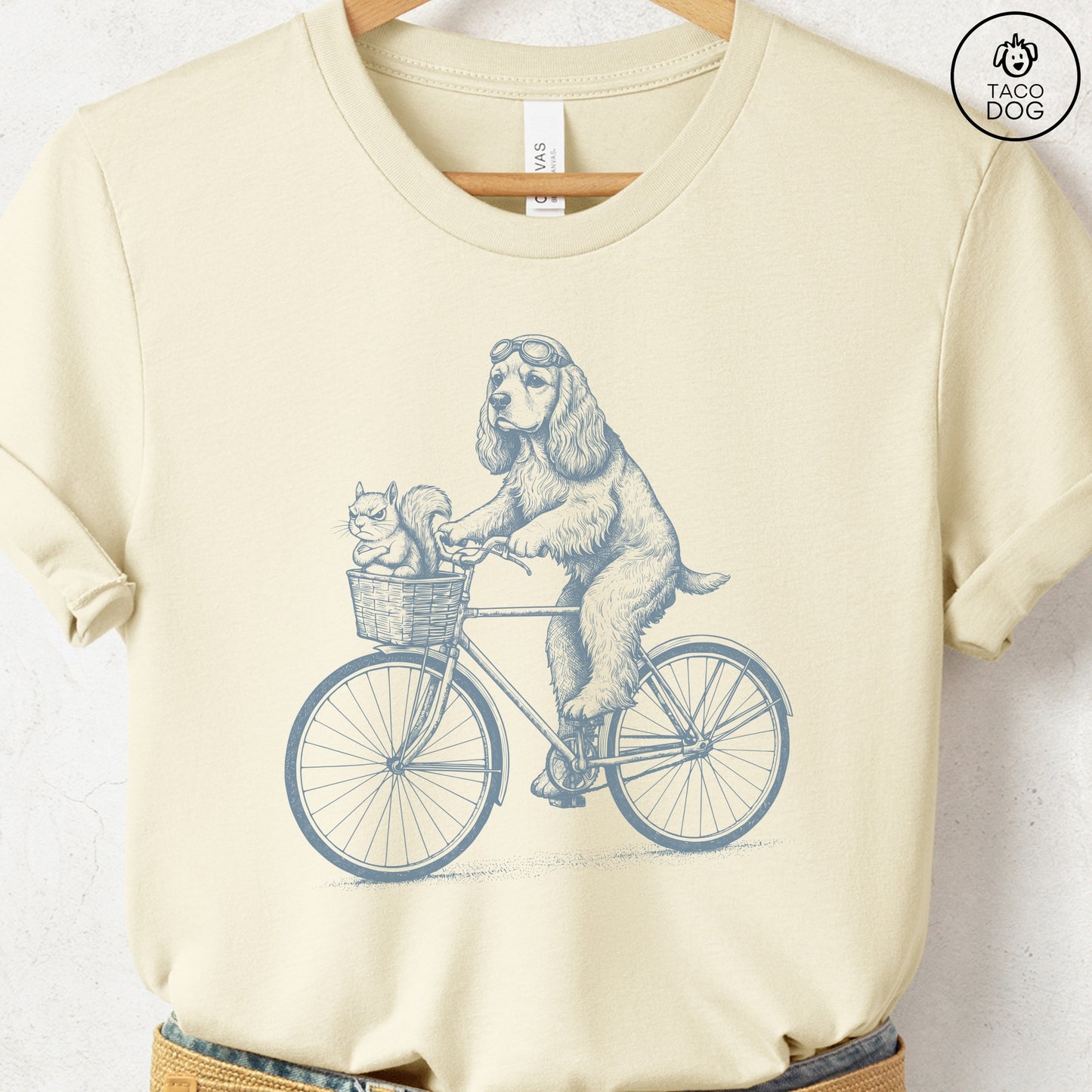 American Cocker Spaniel Squirrel Bike T-Shirt Natural Taco-Dog