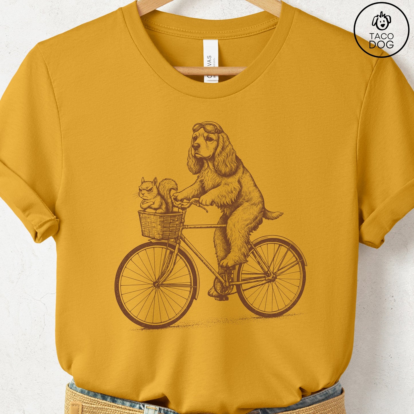 American Cocker Spaniel Squirrel Bike T-Shirt Mustard Taco-Dog