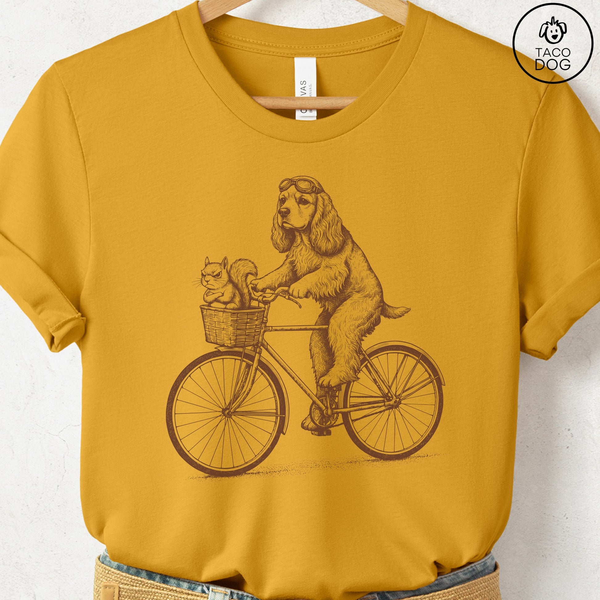 American Cocker Spaniel Squirrel Bike T-Shirt Mustard Taco-Dog