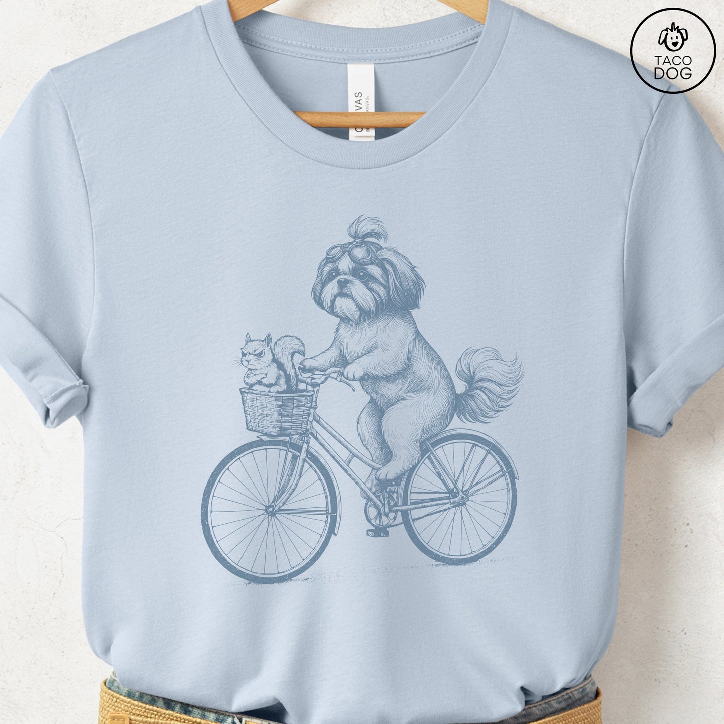 Shih Tzu Squirrel Bike T-Shirt Light Blue Taco-Dog