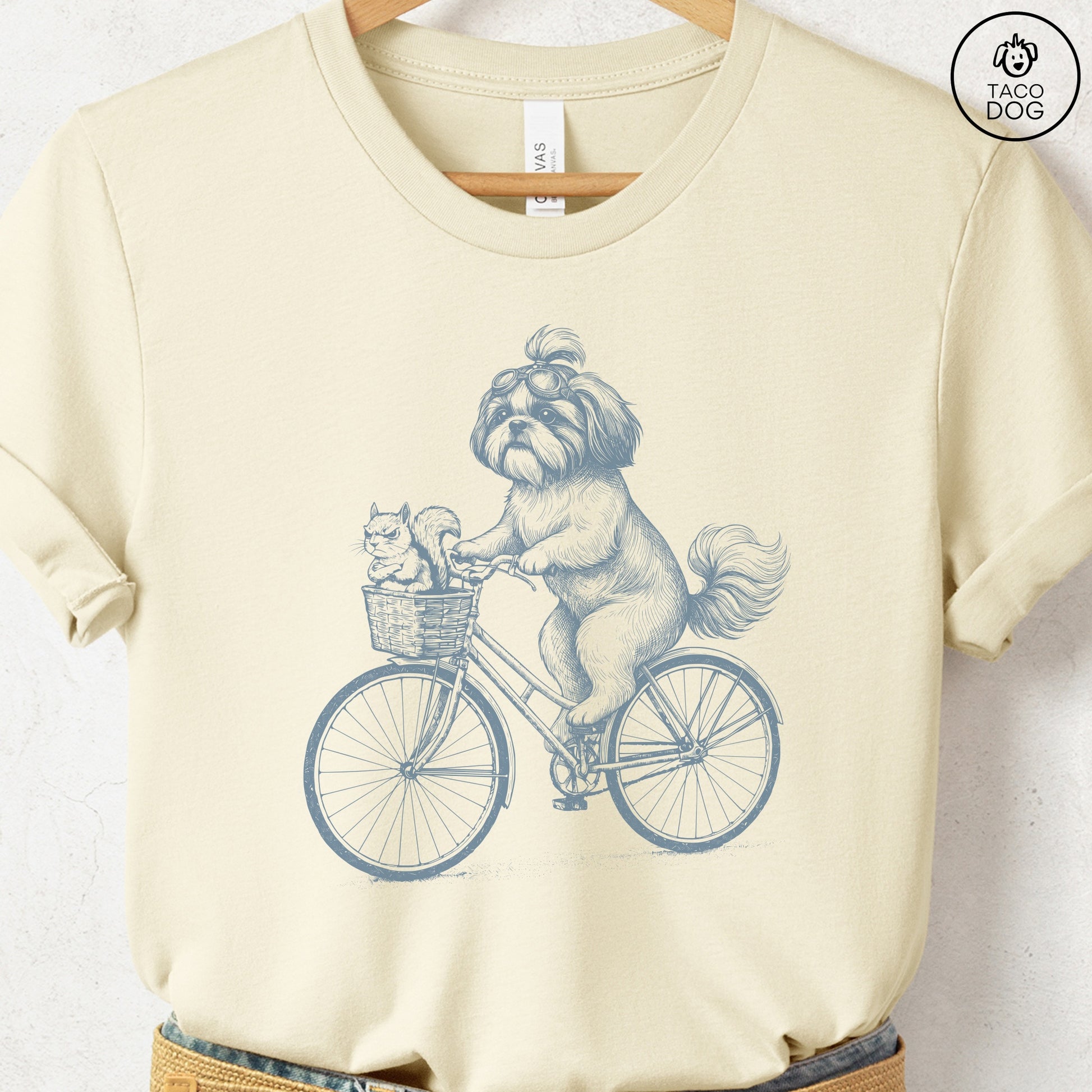 Shih Tzu Squirrel Bike T-Shirt Natural Taco-Dog
