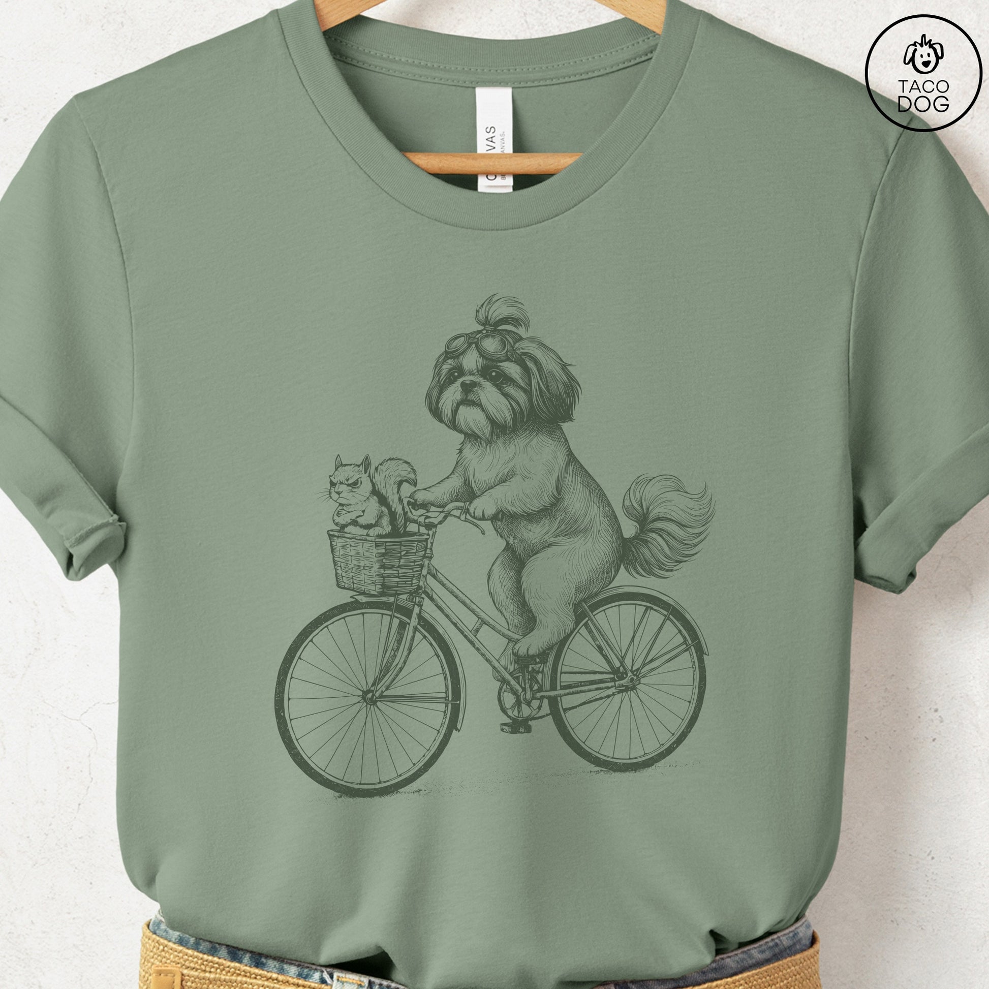 Shih Tzu Squirrel Bike T-Shirt Sage Taco-Dog