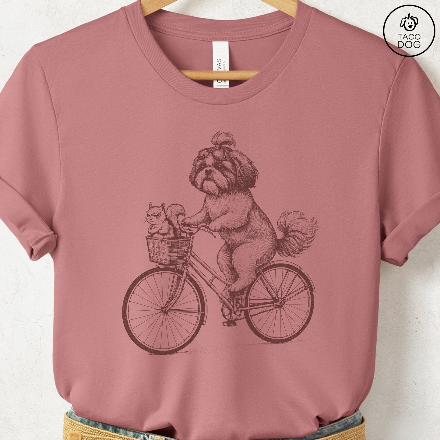 Shih Tzu Squirrel Bike T-Shirt Heather Mauve Taco-Dog