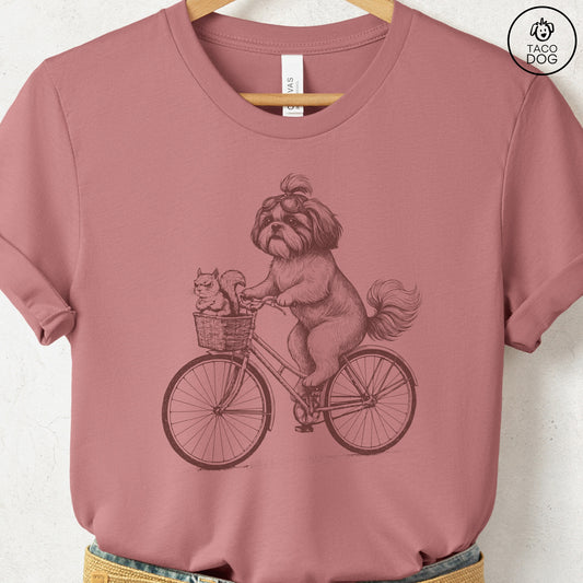 Shih Tzu Squirrel Bike T-Shirt Heather Mauve Taco-Dog
