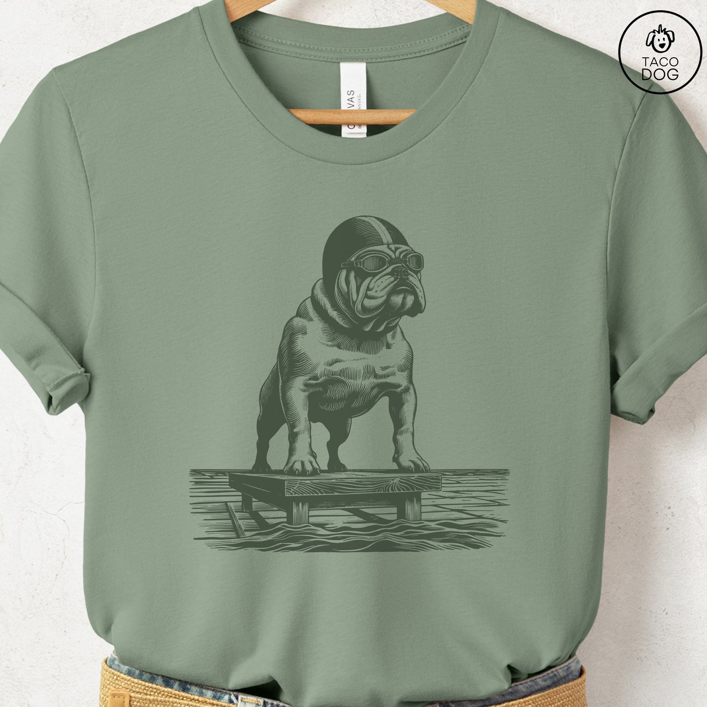 English Bulldog Swim T-Shirt Sage Taco-Dog