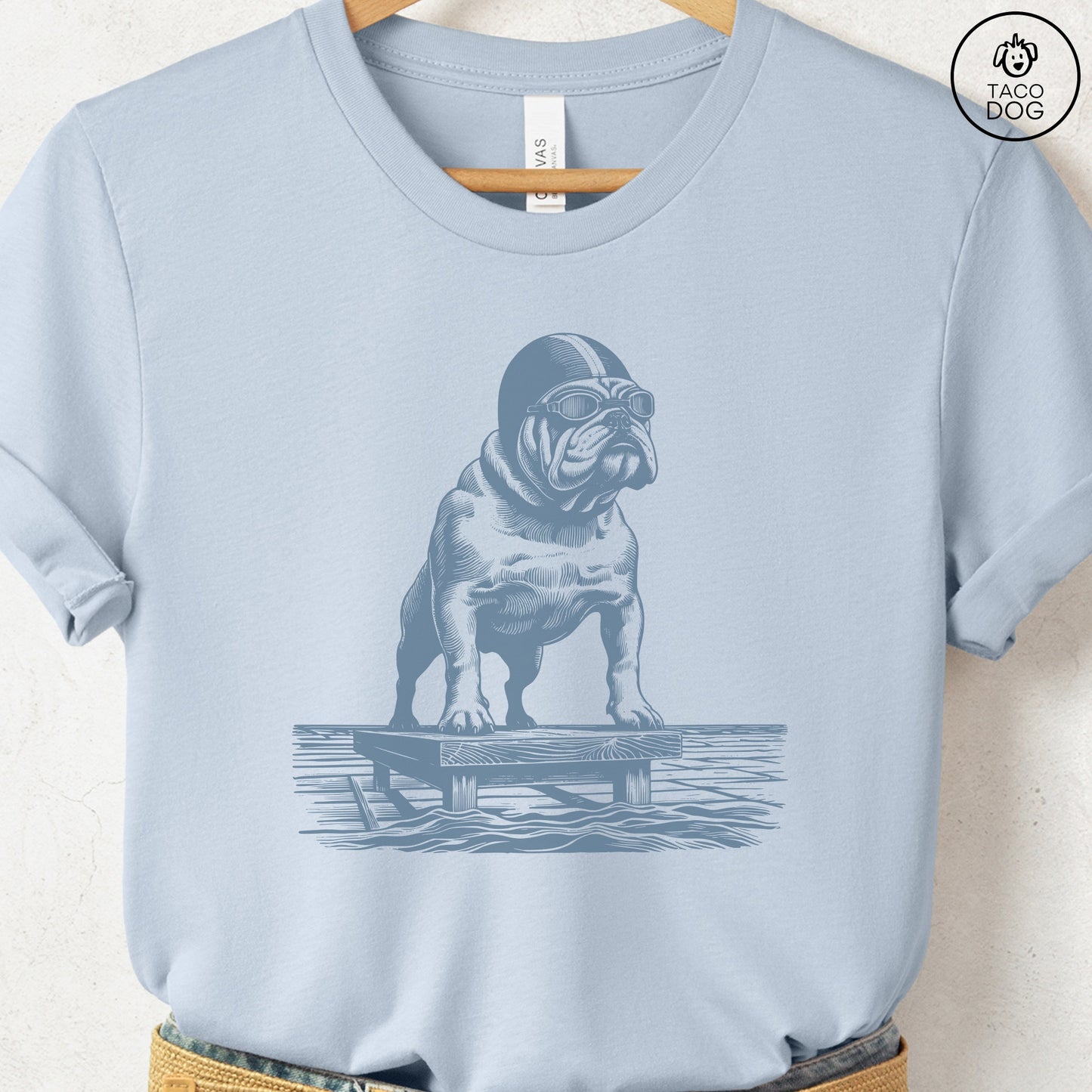 English Bulldog Swim T-Shirt Light Blue Taco-Dog
