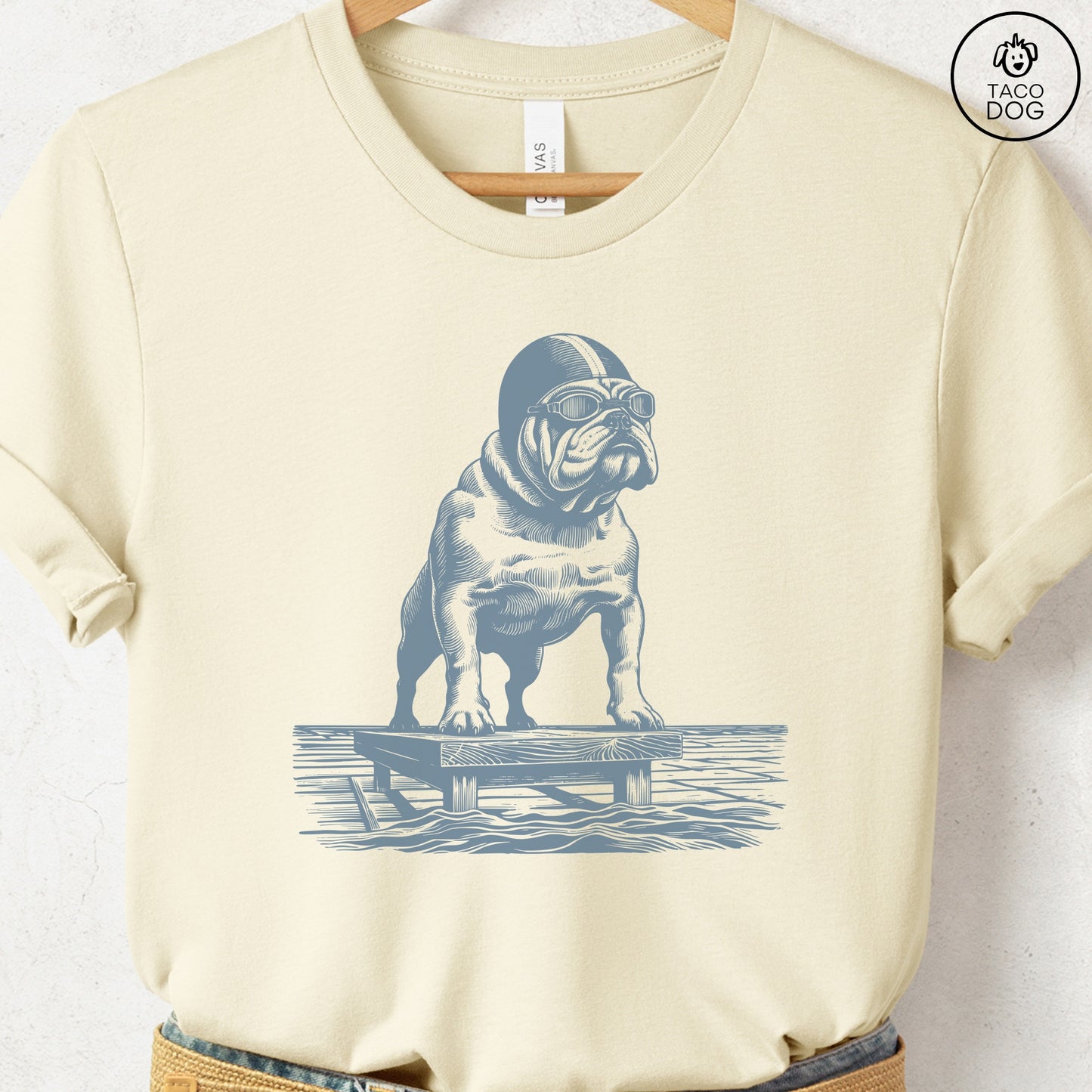 English Bulldog Swim T-Shirt Natural Taco-Dog
