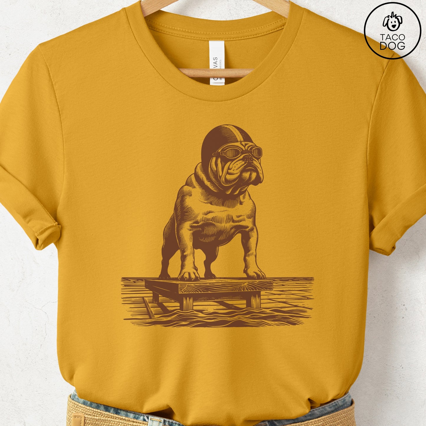 English Bulldog Swim T-Shirt Mustard Taco-Dog