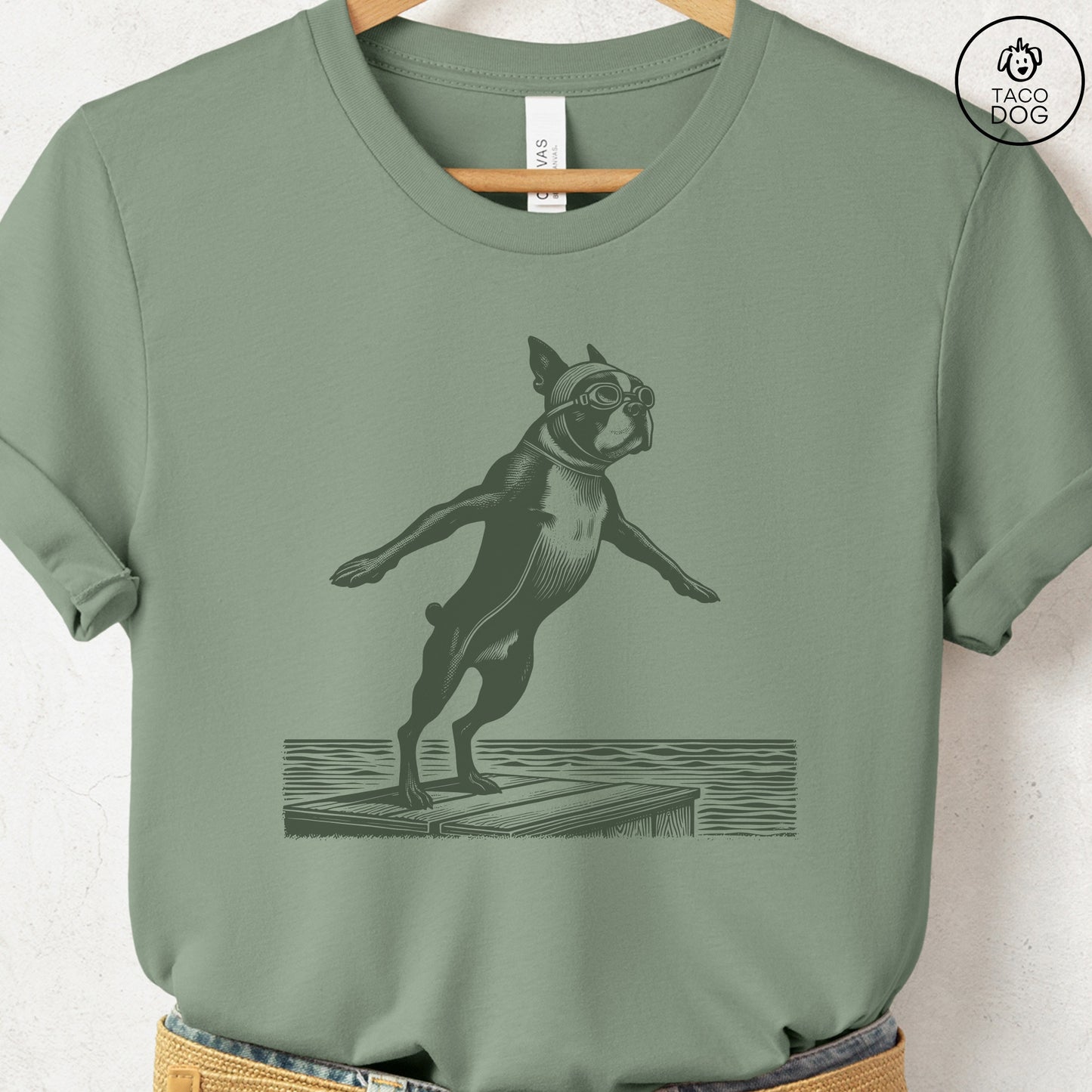 Boston Terrier Swim T-Shirt Sage Taco-Dog